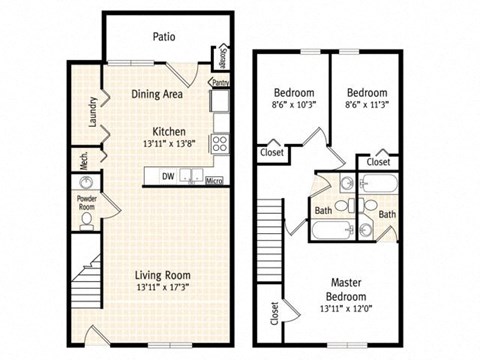three floor plan of a house with a garage